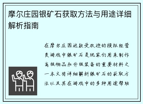 摩尔庄园银矿石获取方法与用途详细解析指南
